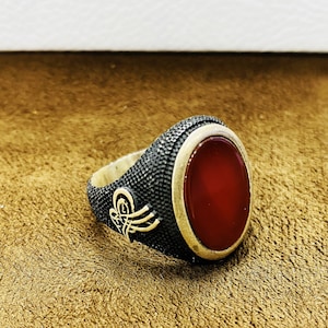 Handmade Agate Ring, Gemstone Ring, Natural Red Agate Stone, 925 Sterling Silver Ring, Red Agate Ring, Tumbled Ring, Black Ring,