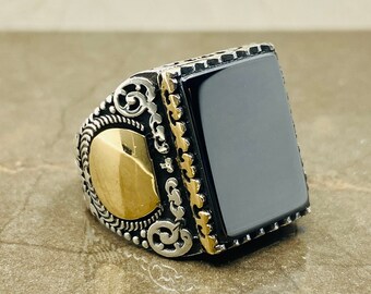 Men's Silver Ring with Black Stone, Black Onyx Ring, Boyfriend Gift, 925 Silver Ring, Gift for Husband, Gift for Father,Turkısh Handmade