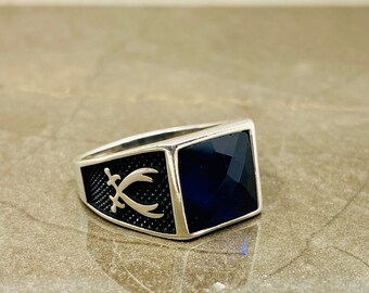 Men's Blue Stone Silver Ring, Square Stone Sword Ring, Silver Zulfiqar Ring, Husband's Gift, Elegant Ring, Gift for Father