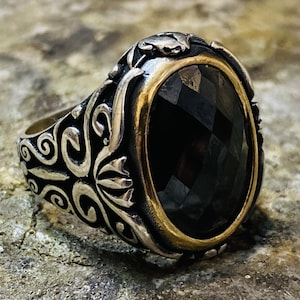 Handmade Sterling Silver Men&#39;s Ring,Black Stone Silver Ring,Zircon Stone Sterling Silver Ring, 925K Men&#39;s Sterling Silver Ring