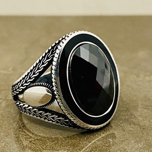 Black Stone Silver Ring, 925 Sterling Silver, Zircon Ring, Men&#39;s Anniversary Gift, Daily Ring, Turkish Handmade, Personalized Gift