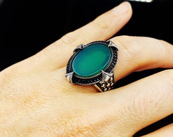 Anillo de plata hecho a mano, anillo de plata de ágata, anillo de plata de piedra verde, anillo de ágata verde, anillo de ágata 925, regalo para él