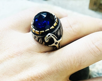 Handmade Blue Stone Ring,Arabic Sword,Sword Ring,Blue Ring,Handmade Men's Ring,Men's Jewelry Gift,Sword Model,Blue Zircon Stone