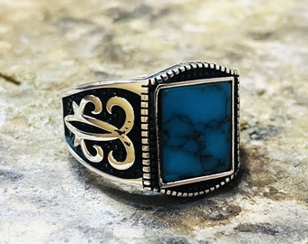 Anello da uomo in argento sterling con turchese e micro smeraldo fatto a mano - Italia