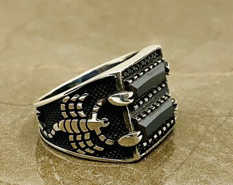 Handmade Silver Scorpion Ring, Animal Ring,925 Sterling Silver Ring, Black Stone Ring, Scorpio Ring,Silver Jewelry,Unique Gifts,Gift for Him