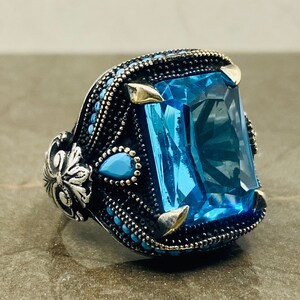 Silver Aquamarine Stone Ring, Ottoman Men&#39;s Ring, Men&#39;s Jewelry, 925 Sterling Silver Ring, Blue Stone Ring, Anniversary Gift for Men,