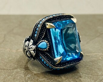Silver Aquamarine Stone Ring, Ottoman Men's Ring, Men's Jewelry, 925 Sterling Silver Ring, Blue Stone Ring, Anniversary Gift for Men,