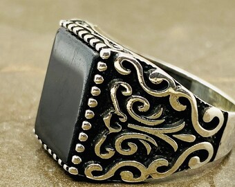 Mannen zwarte steen zilveren ring, handgemaakte zilveren ring, moderne Onyx ring, zilveren sieraden voor mannen, vaders geschenk, stijlvol design