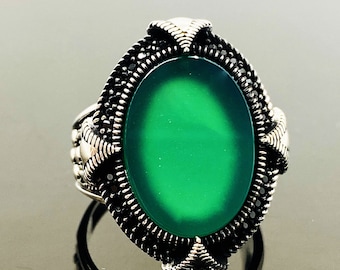 Anillo de plata con piedra verde, anillo de ágata verde, joyería de ágata, ágata verde natural, anillo de plata de ley 925, joyería de piedra verde, anillos verdes
