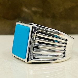 Turquoise Silver Men&#39;s Ring, Genuine Turquoise 925 Sterling Silver, Turquoise Stone, Gift for Him, Men&#39;s Anniversary Gift, Daily Ring