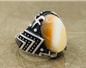 Anel masculino de prata com pedra de ágata, anel otomano, presente para homem, anel de espada, anel de ágata natural, anel de prata 925, presente para marido
