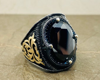 Handmade 925 Sterling Silver Men's Ring With Black Zircon Gemstone – All Sizes