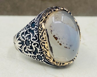 Anel de prata com pedra de ágata masculina, anel aqeeq do Iêmen, anel de prata 925, joias masculinas, anel feito à mão turco, presente de aniversário para homens
