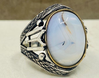 Men's Agate Silver Ring, Yemen Agate Ring, 925 Sterling Silver, Gift, Natural Stone Ring, Anniversary Gift for Men, Men's Jewelry