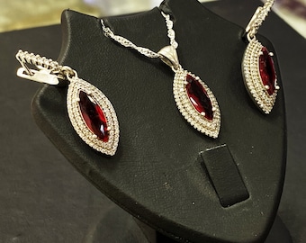 Handmade 925 Sterling Silver Ruby Set,Ruby Jewelry,Ruby Earrings,Ruby Necklace,Silver Jewelry,Silver Jewelry Set,Silver Gift for Valentine