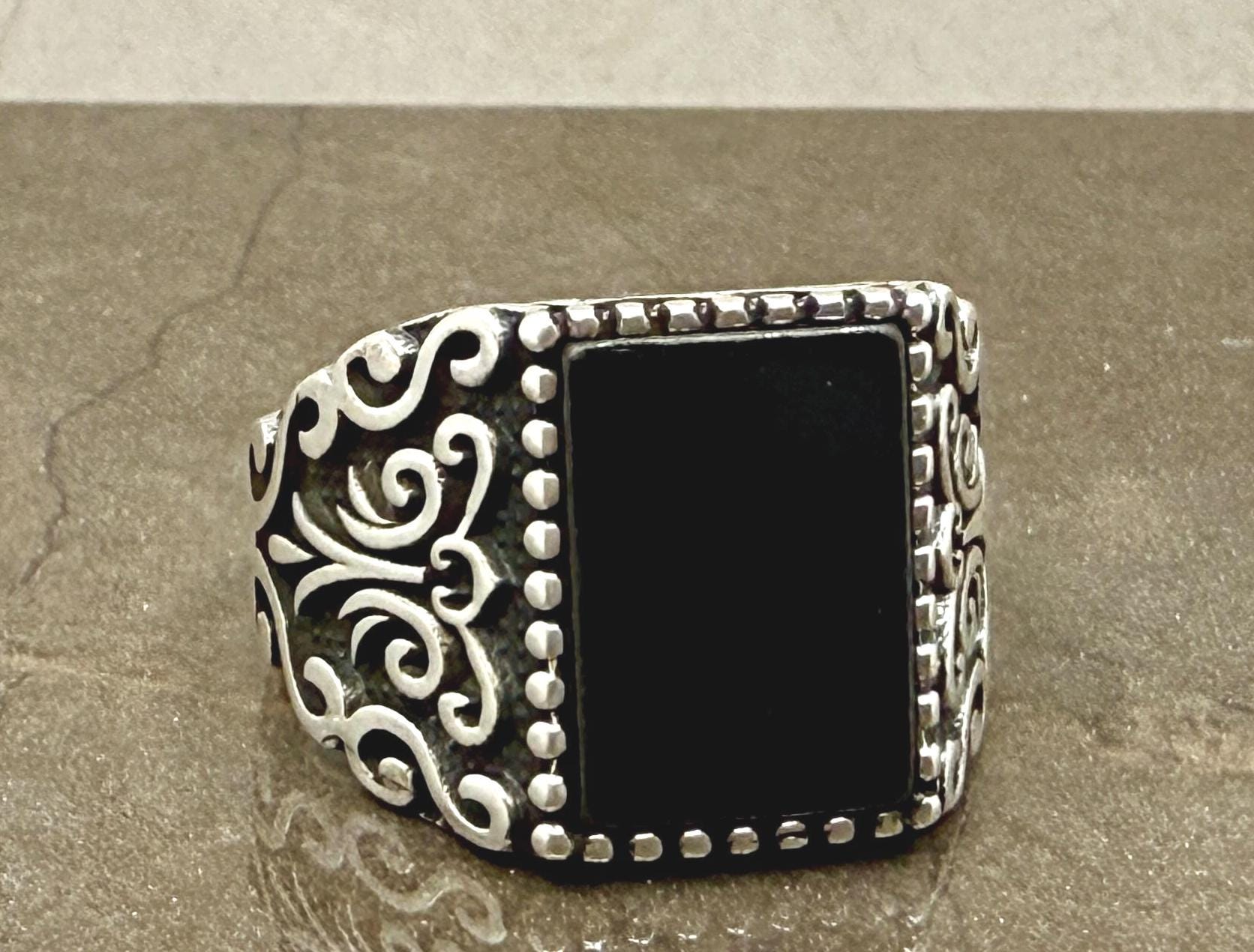 Black Onyx Square Men's Ring, 925 Sterling Silver Handmade Ring