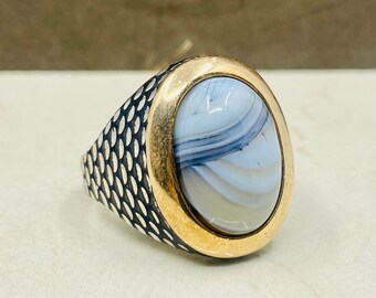 Anel masculino artesanal em prata com pedra de ágata, joia de ágata, anel de ágata do Iêmen, anel de pedra natural, joia masculina, anel de prata 925, presente para melhor amigo