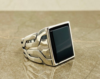 Mannen zwarte stenen ring, handgemaakte zilveren ring, 925 sterling zilver, cadeau voor vriend, Onyx Signet Ring, verjaardagscadeau voor man
