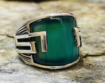 Anillo de ágata verde hecho a mano, anillo de ágata de musgo, ágata verde natural, anillo de piedra de plata, verde, sello de anillo de piedra verde