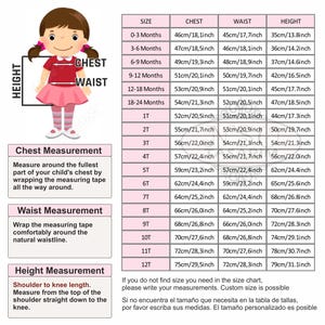 The image is a collage of multiple images depicting a young girl in various sizes and poses, including measurements and descriptions of the girl's height and waist.