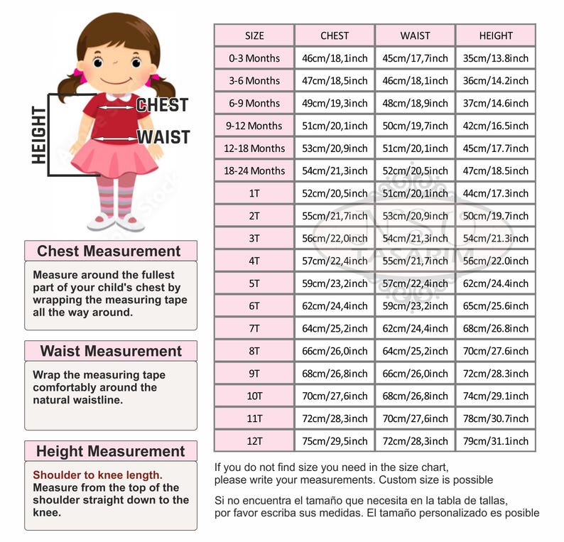 The image is a collage of multiple images depicting a young girl in various sizes and poses, including measurements and descriptions of the girl's height and waist.