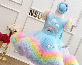 Rainbow theme dress . Baby girl dress. Rainbow  birthday dress. Rainbow Embroidery design dress. For special occasion. Handmade!