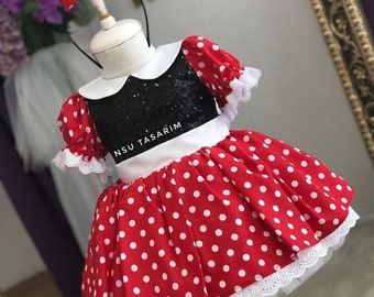 Vestido rojo de ratón Minnie. Vestido rojo de ratón minnie. Vestido de niña. Vestido de cumpleaños. Vestido de 1er cumpleaños.