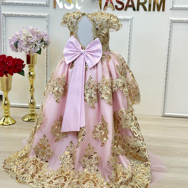 Baby girl dress. Pink gold. Sparkle gold lace. For special occasion, high low,  princess gown, couture gown.