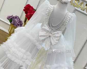 White Baby Girl Dress. Flower girl Dress. Sparkle white dress. princess Birthday Dress. for special occasion. Easter dress