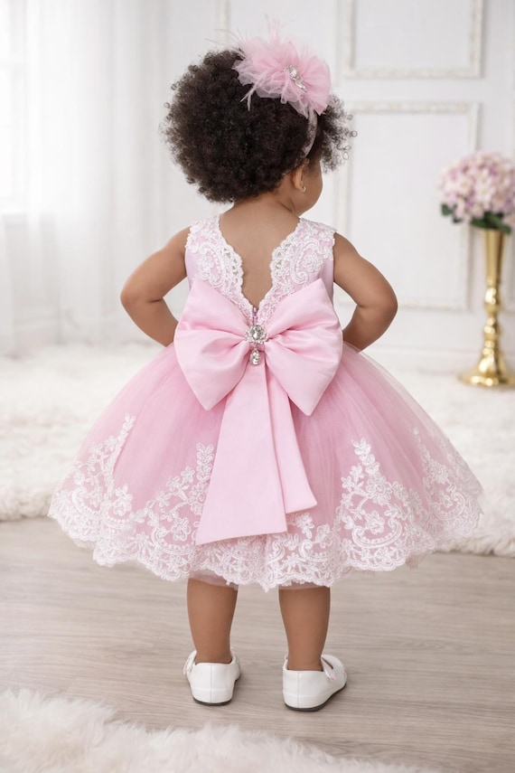open lace back dress Maroon Red Baby Girl 1st Birthday Party wear Ball Gown Dress – HOUSE OF  CLAIRE main image 0