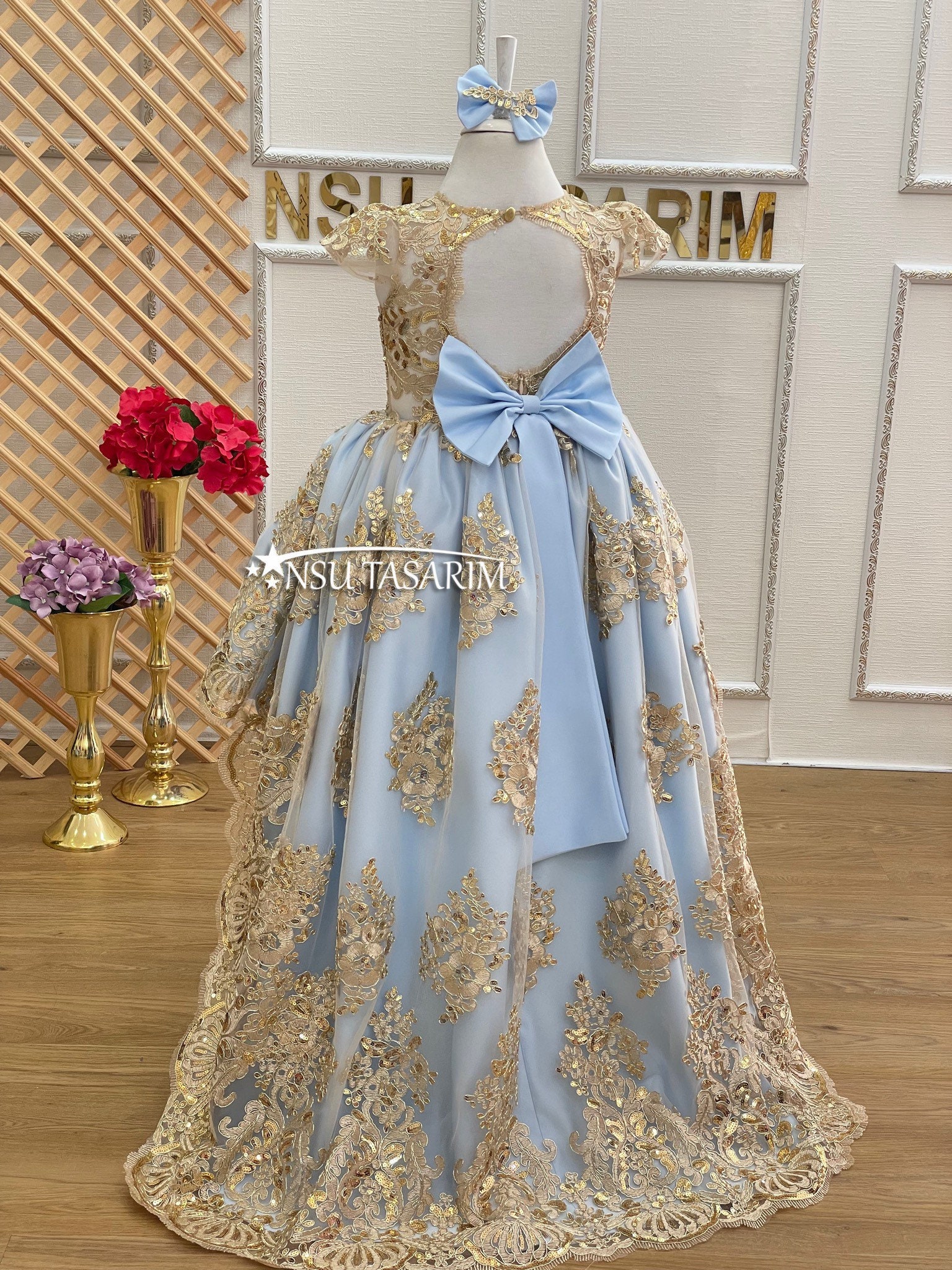 baby blue and gold dress girl dress. gold. Sparkle lace. For special occasion, high low. princess gown, couture gown baby blue prom dress black girl