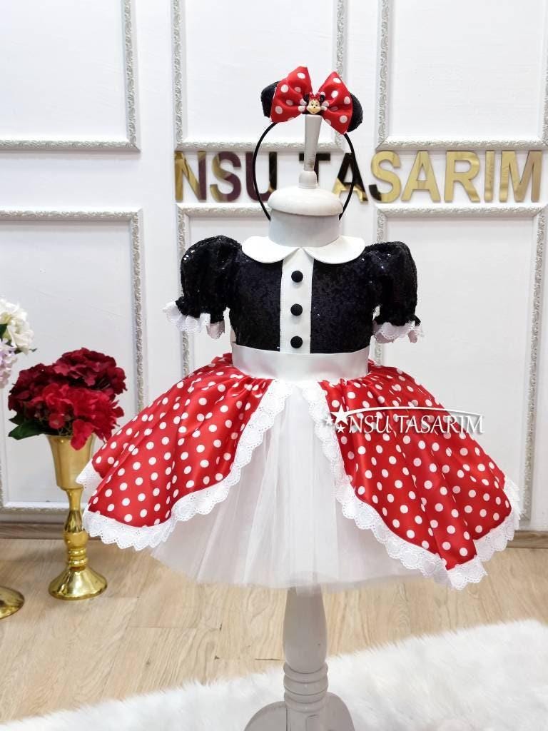 Red Minnie Mouse Birthday Dress, Sparkle Top, Hair Clip