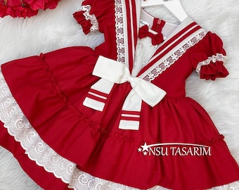 Vintage Red Girls Dress with Lace, Handmade 1st Birthday Outfit
