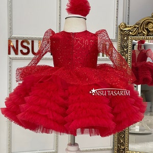 Red baby girl dress. Red sparkle dress.
