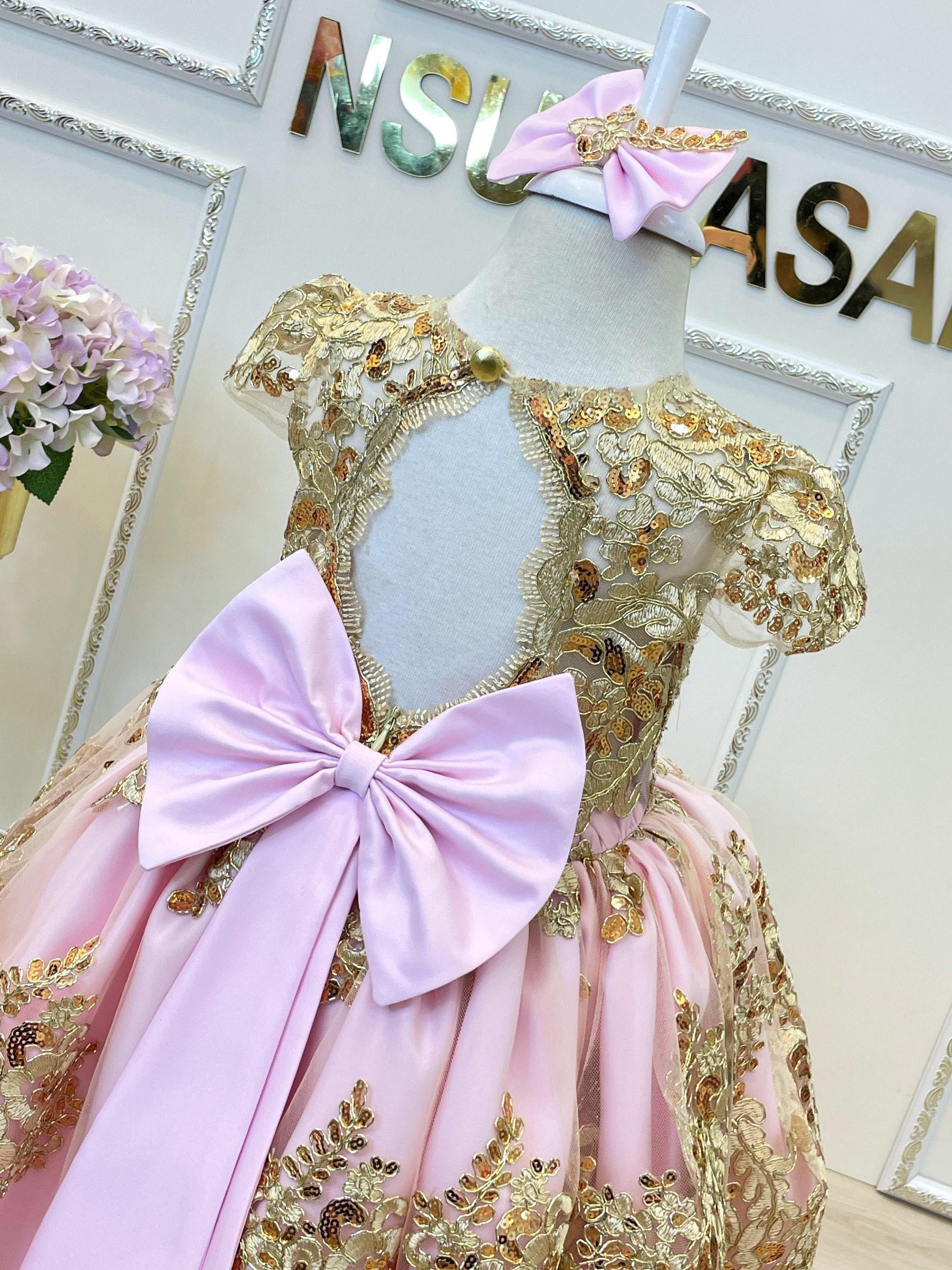 pink and gold infant dress Baby girl dress. Pink gold. Sparkle gold lace. For special occasion, high low, princess gown, couture gown