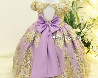 Baby Princess lilac party dress. Lavender and golden dress. Full length. Lavender and Sparkle gold lace. For special occasion.