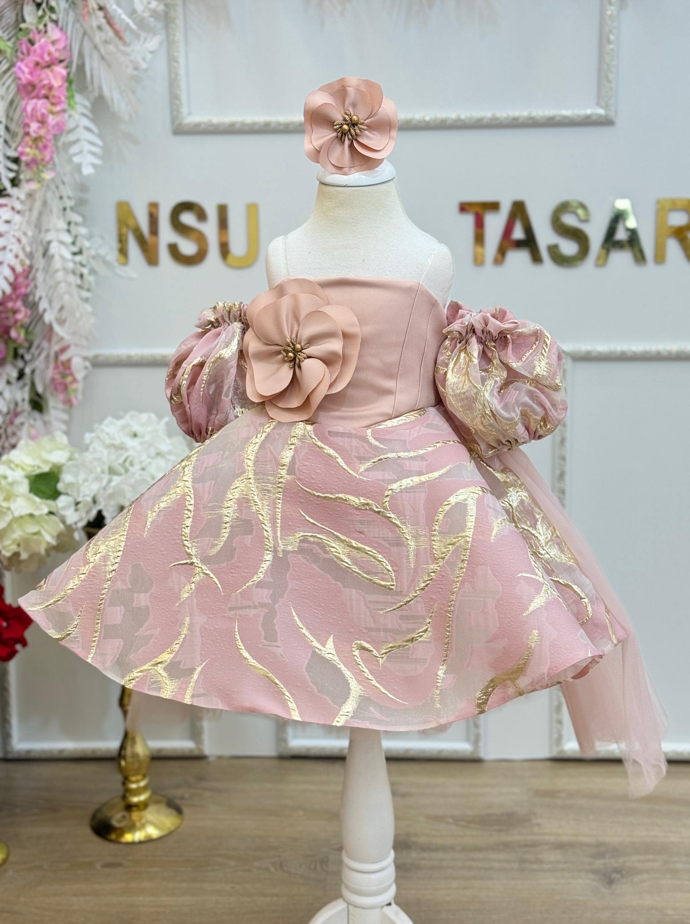 Princess Peach Dress, Full Length Baby Ball Gown, Peach and Gold Lace Flower Girl Dress, Toddler Couture Gown