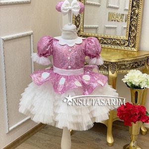 Minnie Maus Rosa Kleid. Glitzerndes Minnie Maus Kleid. Minnie Maus Geburtstagskleid. Baby Mädchen Kleid. Für besondere Anlässe. Handarbeit!