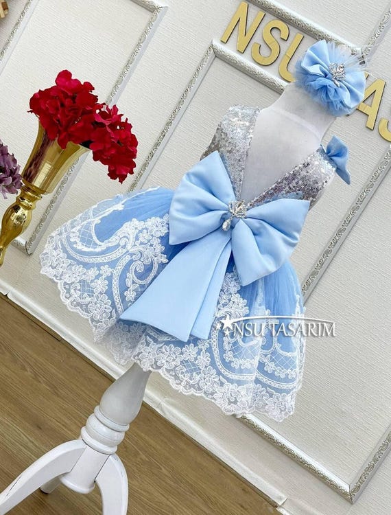 Sparkle Silver Blue First Birthday Dress Theme Party Lace Costume Luxury  Apparel - Etsy