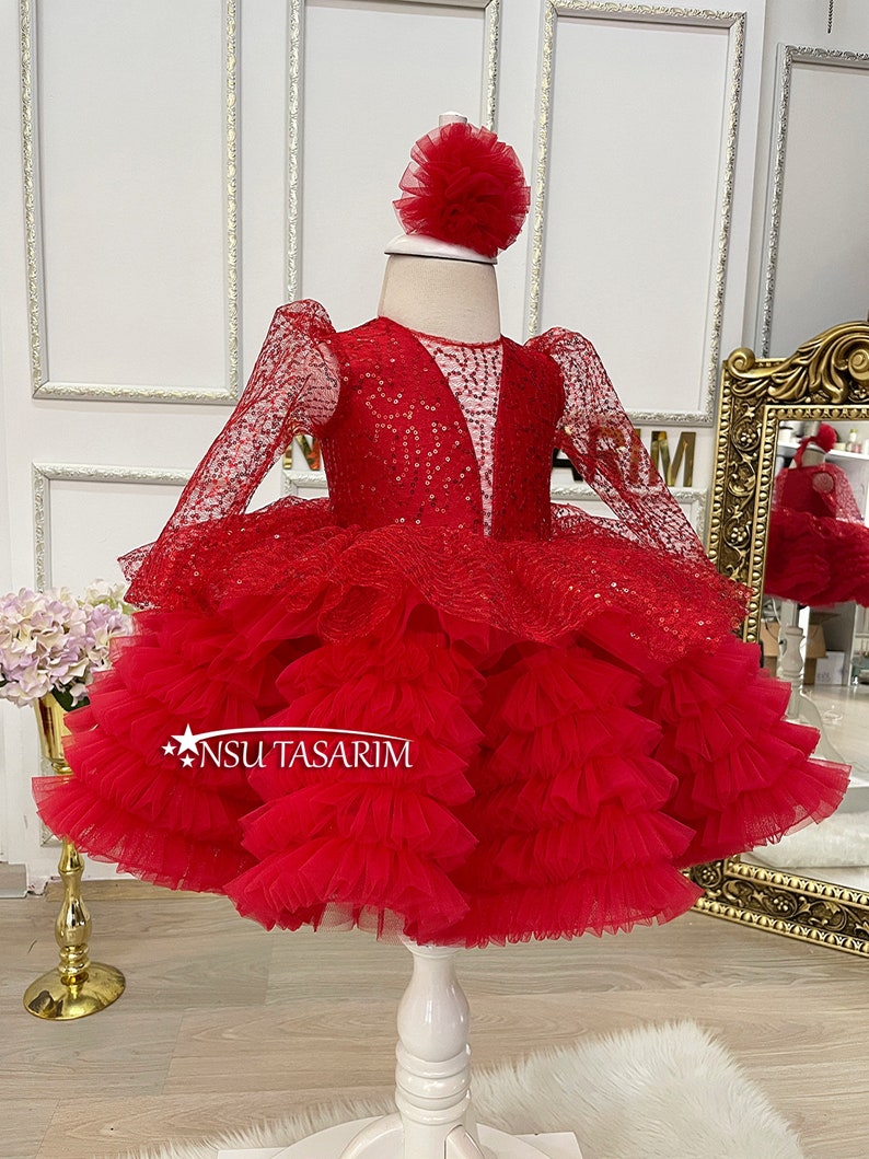 Red baby girl dress. Red sparkle dress. Christmas dress. Baby party dress.
