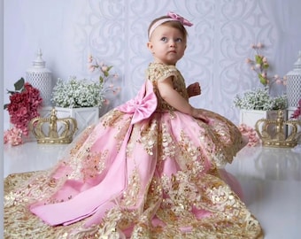 pink and gold princess dress Baby girl dress. gold. Sparkle lace. For special occasion, high low, gown, couture gown 2018-11-16