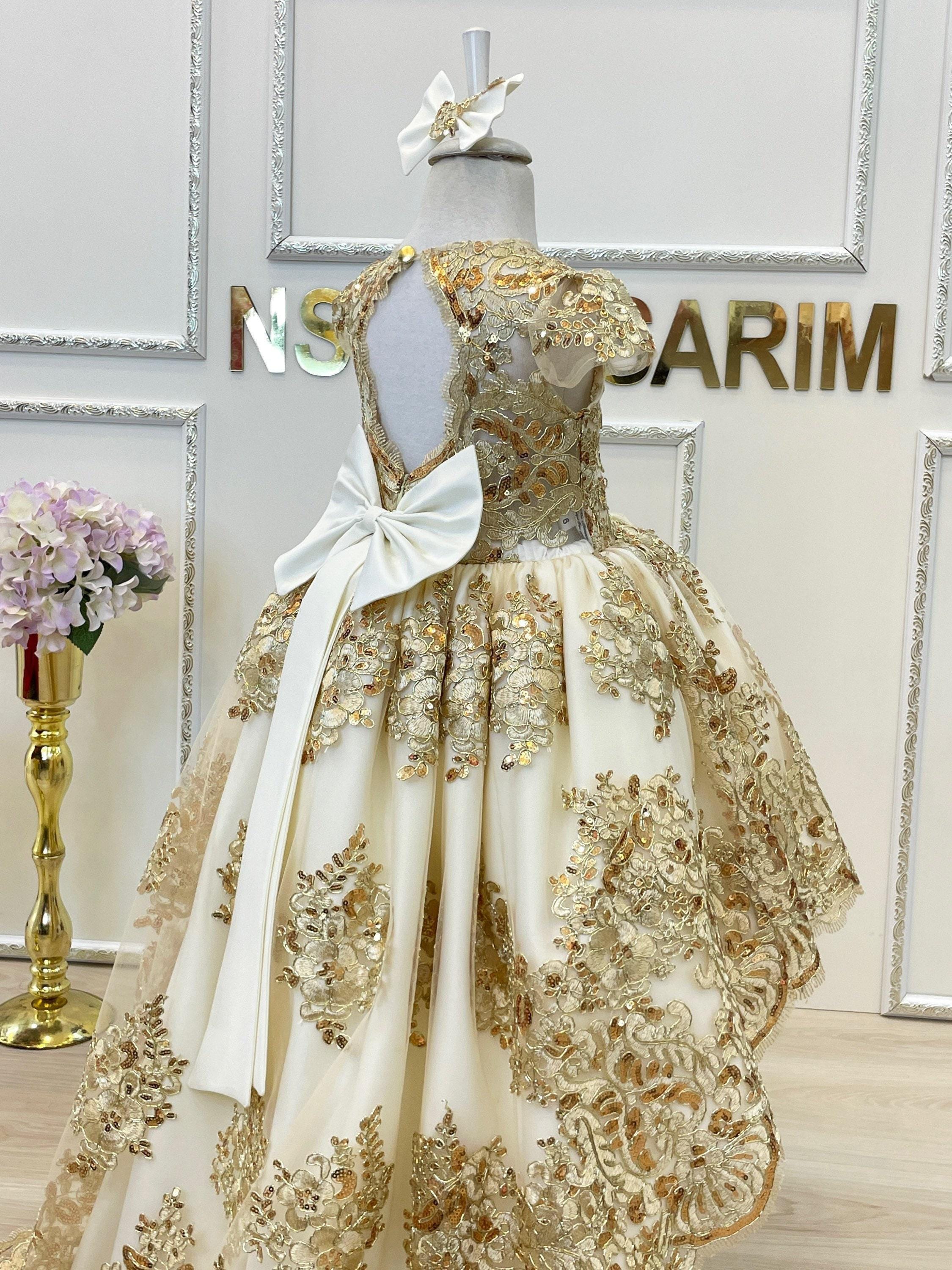 Baby Girl Dress. White Gold. Sparkle Gold Lace. for Special Occasion. High Low. Couture Gown. - Etsy Baby Girl Dress. White Gold. Sparkle Gold Lace. for Special Occasion. High Low. Couture Gown. - Etsy