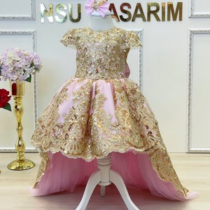 Baby girl dress. White gold. Sparkle gold lace. For special occasion. High low. couture gown.
