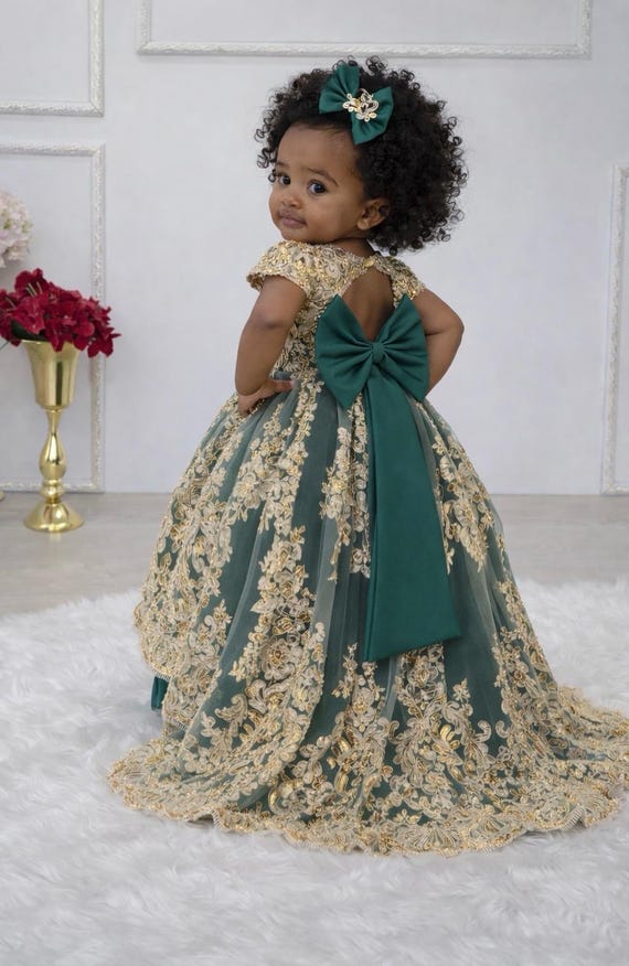 Emerald Gold Flower Girl Dress Pageant Gown Toddler Couture Luxury High Low  Apparel - Etsy UK