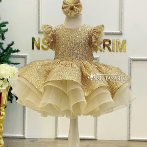 Gold Lace Tulle Baby Girl Dress, Christening Gown, Birthday Party Outfit with Headband