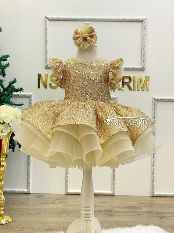 green emerald velvet dress Cute Baby Girl Sequin Dress Toddler Birthday Party Princess Dress, White / 5-6 Years (130cm) main image 0