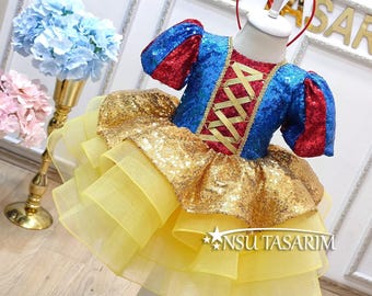Handmade Sparkle Snow White Dress with Headband, Birthday Party Outfit