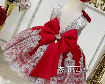 Vestido de fiesta para primer cumpleaños, sesión de fotos, traje de lujo con encaje rojo plateado