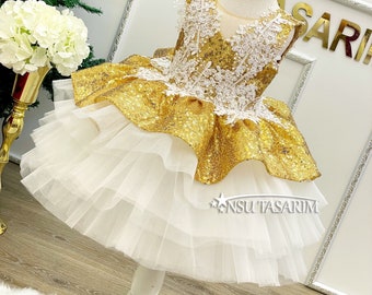 Christmas holiday baby girl dress, Gold Shiny Sequin Fabric, Puffy Knee Length Flower Girl Dress, Gold  White Lace Detailed Handmade Dress