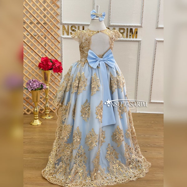 Baby girl dress. Blue gold. Sparkle gold lace. For special occasion, high low. princess gown, couture gown.